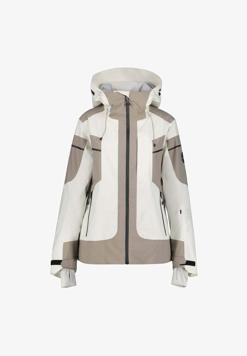 Wasserfeste Jacke in Creme und Beige mit Kapuze, ausgestattet mit einem Reißverschluss, zwei Brusttaschen und verstellbaren Manschetten mit schwarzen Akzenten.