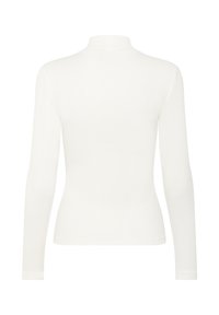 Cămașă cu mânecă lungă, cu guler înalt, din material dublat, de culoare albă solidă, având un design ajustat și o textură netedă.