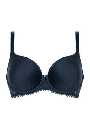 Soutien-gorge rembourré noir avec des coques lisses, bordure en dentelle le long du bas, bretelles ajustables et un élément décoratif central.