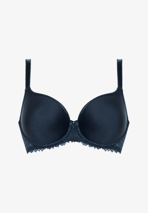 Black padded bra with smooth cups, lace trim along the bottom, adjustable straps, and a central decorative element.