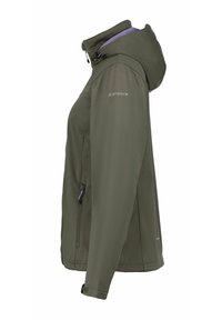 Chaqueta softshell verde oliva con capucha, bolsillos con cremallera, puños ajustables y logo "ICEPEAK" en la manga superior.