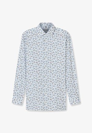Weißes Langarmshirt mit einem blauen Blumenmuster. Der Stoff hat eine glatte Textur, einen klassischen Kragen und eine Knopfleiste.