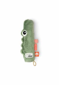 Green plush toy shaped like an animal, featuring a large eye, soft texture, and tags with '100% friendly' and brand logo.