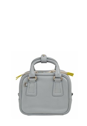 Light grey leather handbag with double handles, gold hardware, and a zipper closure with yellow pull tabs.