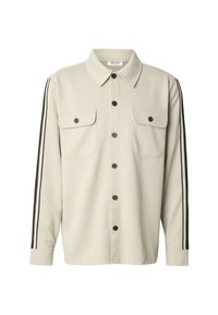Chemise beige clair avec col, boutons sur le devant, deux poches poitrine et bandes noires sur les côtés des manches. Texture lisse, design décontracté.