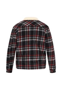 Rutet flannel skjorte med et mønster i sort, rød og grå. Har en krave i cremefarve og lange ærmer, med en lige pasform og knaplukning ved ærmerne.