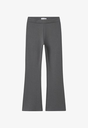 Leggings cinzas de boca de sino, feitos de um tecido suave e elástico. Apresentam uma cintura larga elástica e um design sem costuras para conforto e facilidade de movimento.