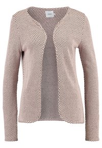 Stickad rosa cardigan med långa ärmar, öppen front och honungskakstextur. Etikett synlig på halsringningen. Mjuk material och avslappnad passform.