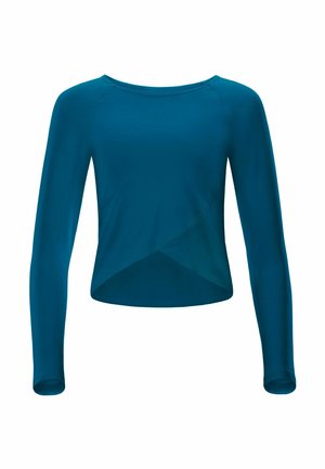 Maglia a maniche lunghe color teal con scollatura rotonda, caratterizzata da un design incrociato sul davanti e tessuto liscio ed elastico.