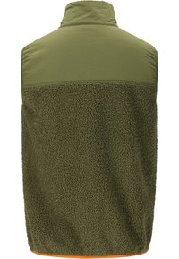 Fleeceväst med en olivgrön texturerad nederdel och en slät ovandel, med en orange accent längs nederkanten.