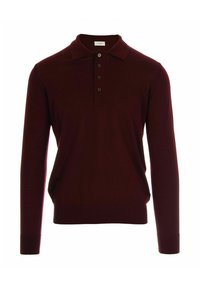 Polo a maniche lunghe color bordeaux con colletto navy, dotato di una pattina con tre bottoni e polsini a coste, realizzato in un morbido tessuto a maglia.