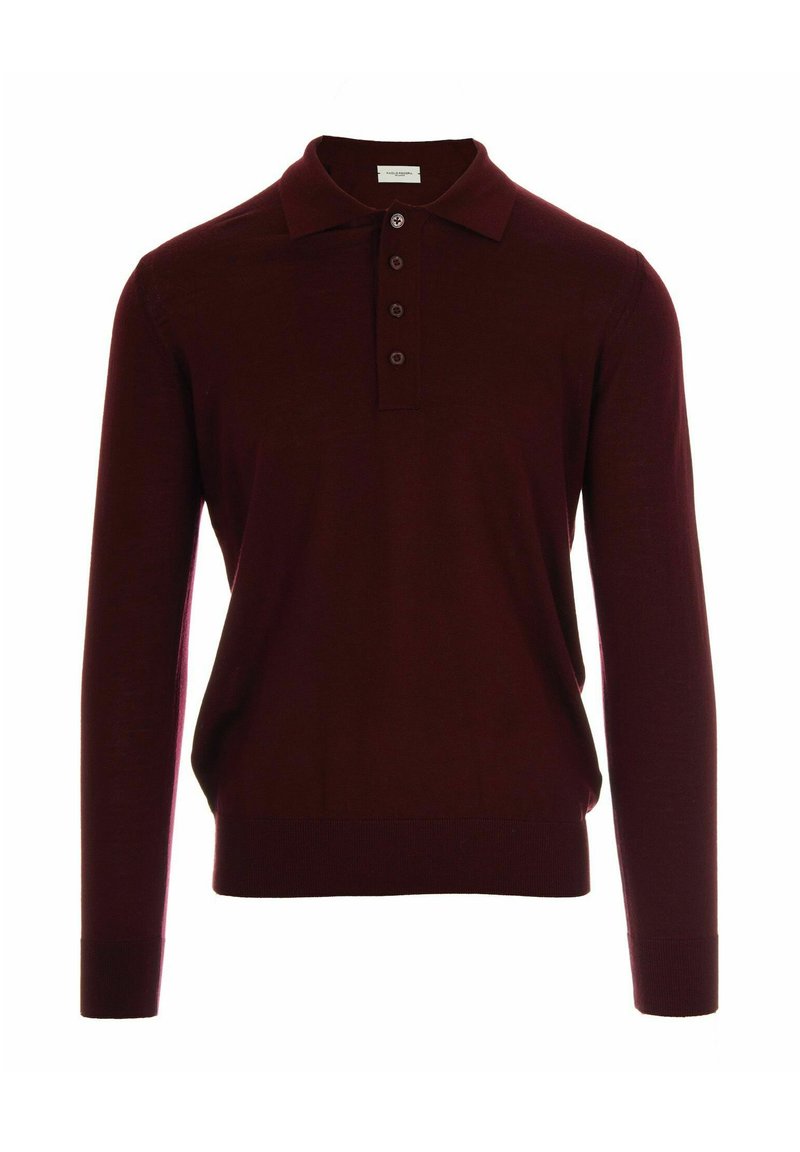 Polo a maniche lunghe color bordeaux con colletto navy, dotato di una pattina con tre bottoni e polsini a coste, realizzato in un morbido tessuto a maglia.