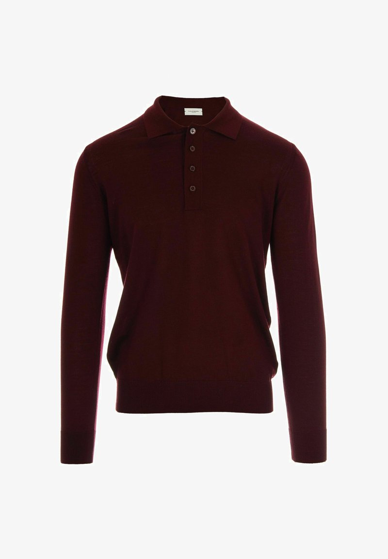 Polo a maniche lunghe color bordeaux con colletto navy, dotato di una pattina con tre bottoni e polsini a coste, realizzato in un morbido tessuto a maglia.