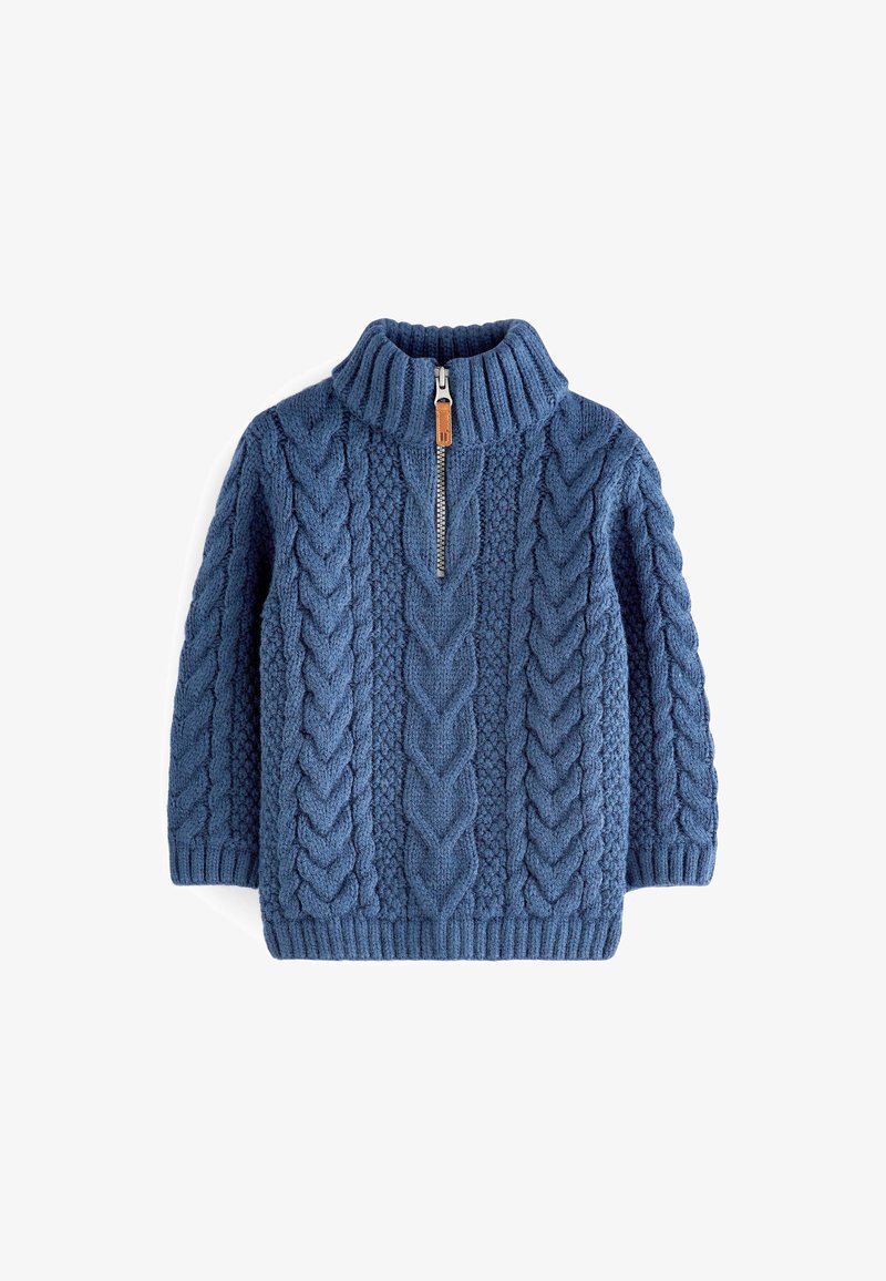 Pull bleu à torsades avec demi-fermeture éclair, col montant côtelé et poignets côtelés, conçu pour temps froid.