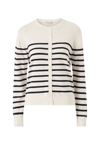 Cardigan rayé en crème et marine. Il présente un col rond, une fermeture à boutons, des manches longues, des poignets et un ourlet côtelés. Fabriqué en matériau tricoté doux.