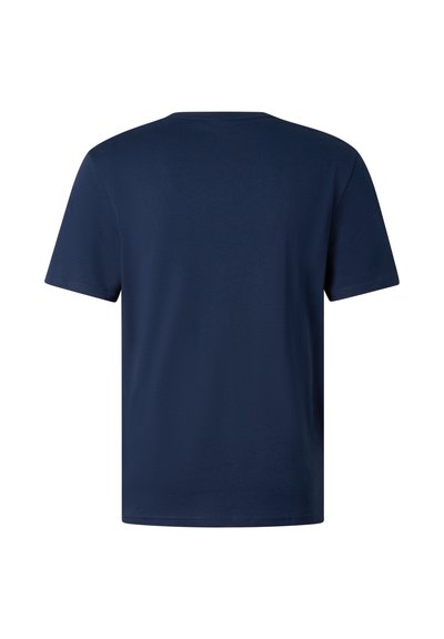 T-shirt bleu marine uni à manches courtes et col rond, vu de dos, sans logos ni motifs visibles.