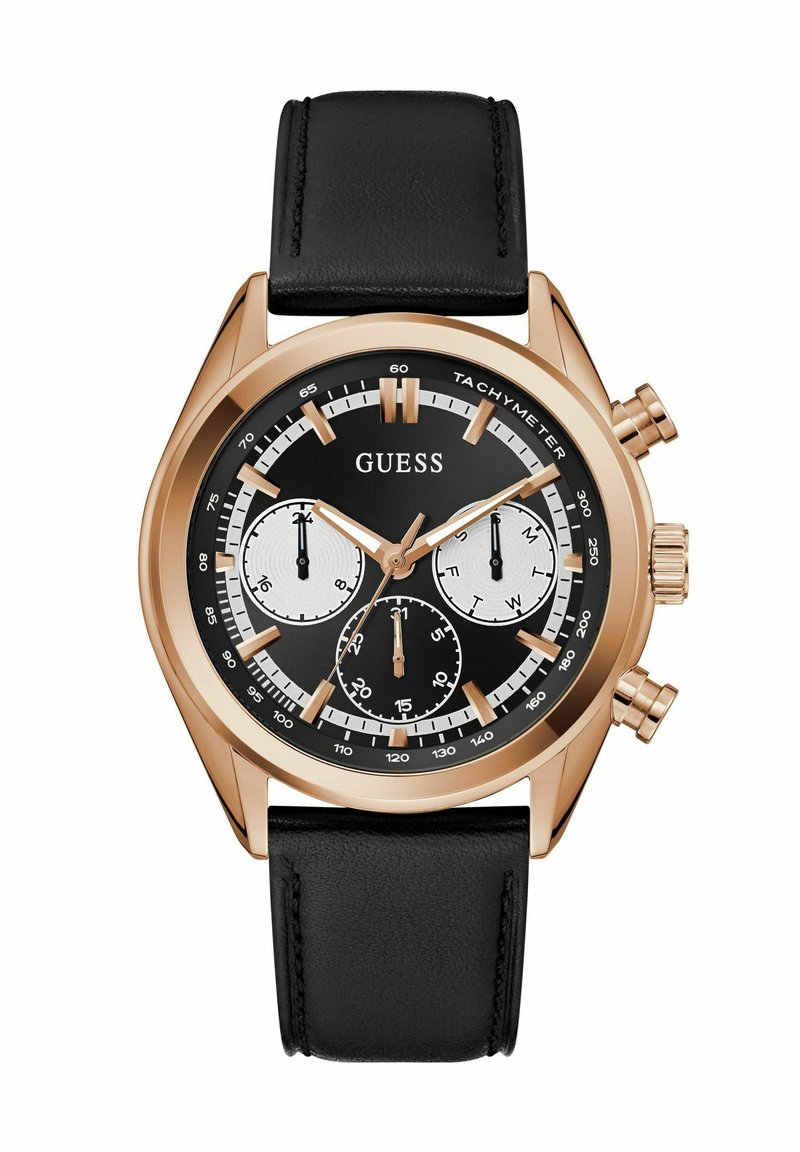 Orologio con cinturino in pelle nera, cassa dorata, quadrante nero, sottodial argento e marcature tachimetriche. Presenta tre pulsanti per il cronografo.