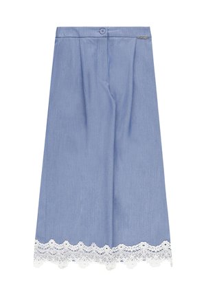 Gonna midi in denim azzurro chiaro con fascia in vita con bottoni e rifinitura in pizzo floreale bianco lungo l'orlo.