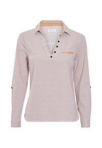 Langsleeve gekraagde shirt met een V-hals, beige en marineblauw stippenpatroon, knoopaccenten en een enkele borstzak.