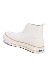 Sneaker alte bianche con ricami floreali, suola in gomma e striscia beige a contrasto; logo sul tallone posteriore, asole in tessuto per i lacci.