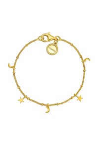 Pulsera de oro que presenta una delicada cadena con encantos alternos de estrella y luna creciente, asegurada con un cierre de langosta y una etiqueta de logo.