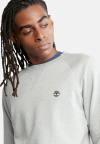 Felpa grigia chiara con colletto tondo, caratterizzata da un colletto blu navy e un piccolo logo a forma di albero sul petto. Il materiale sembra morbido e strutturato.