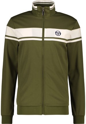 Olivengrüne Zip-Jacke mit weißen Streifen und Logo. Verfügt über einen hohen Kragen, gerippte Bündchen und eine glatte Textur. Einfaches Design.