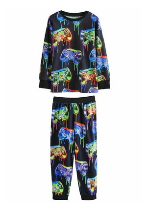 Two-piece pajama set featuring a black base with colorful gaming controller prints and paint drip effects. Made from soft, breathable fabric.