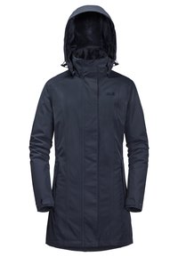 Dunkelblaue isolierte Jacke mit hohem Kragen, abnehmbarem Kapuze, Reißverschlusstaschen und einem weichen Innenfutter für Wärme. Glatte, wasserabweisende Außenseite.