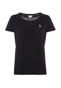 T-shirt nera in cotone con maniche corte e scollatura rotonda. Caratterizzata da un piccolo logo ricamato sul petto. Design semplice, texture liscia.