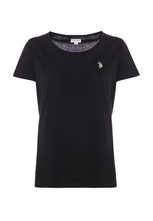 T-shirt nera in cotone con maniche corte e scollatura rotonda. Caratterizzata da un piccolo logo ricamato sul petto. Design semplice, texture liscia.