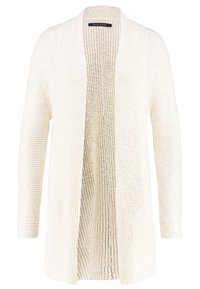 Cardigan à ouverture devant de couleur crème, fabriqué en tissu tricoté texturé. Il présente des manches longues et une silhouette décontractée et confortable avec un motif côtelé subtil.