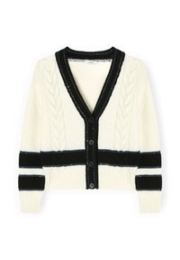 Kremowy kardigan z czarnymi i niebieskimi poziomymi paskami, dekoltem w serek, detalami w splocie warkoczowym oraz pięcioma czarnymi guzikami z przodu. Tkanina o fakturze.