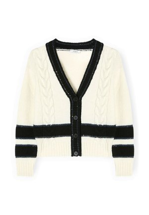 Cárdigan crema con rayas horizontales en negro y azul, cuello en V, detalles de punto trenzado y cinco botones negros al frente. Tela texturizada.