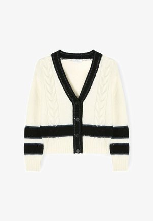 Cárdigan crema con rayas horizontales en negro y azul, cuello en V, detalles de punto trenzado y cinco botones negros al frente. Tela texturizada.