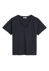 Navy blue cotton t-shirt with a V-neck, short sleeves, and a relaxed fit. Features a simple design with no additional patterns or accents.