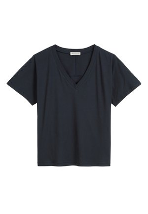 Granatowa bawełniana koszulka z dekoltem w serek, krótkimi rękawami i luźnym krojem. Posiada prosty wzór bez dodatkowych nadruków czy akcentów.
