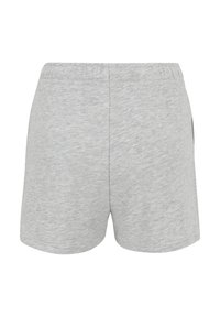 Pantaloni corti grigi in cotone con vita elastica, dal tessuto morbido e senza motivi o hardware visibili. Vista posteriore mostrata.