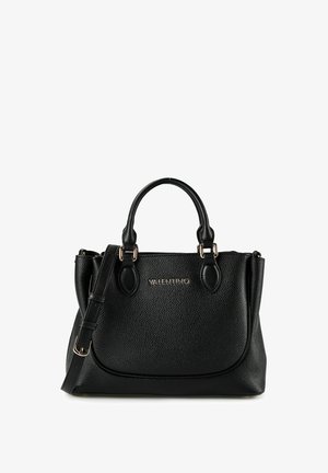 Zwarte leren handtas met een korrelige textuur, dubbele bovenhandvatten en een afneembare band. Voorzien van hardware in goudkleur en de merknaam is geperst.