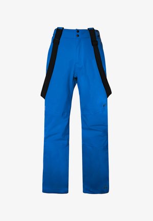 Blaue wasserdichte Hosen mit schwarzen verstellbaren Hosenträgern, einem eleganten Design und einem entspannten Schnitt, mit einem Logo an der Unterschenkel.