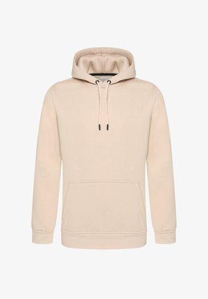 Bež hoodies s kapuco, sprednjim kengurujskim žepom, rebrastimi manšetami in mehkobo. Preprost dizajn brez vzorcev ali detajlov.