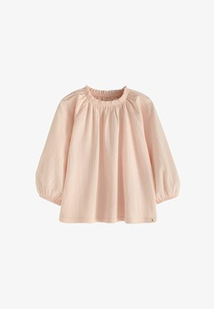 Šviesiai rožinė bluzonė, pagaminta iš tekstūruoto audinio, su apvaliu surinktu iškirpimu ir ilgomis pūstomis rankovėmis su elastinėmis apykaklėmis.