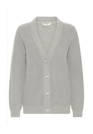 Cardigan en tricot gris avec un col en V, texture côtelée, cinq boutons sur le devant et manches longues. Design léger et polyvalent.