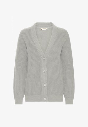 Gray knitted cardigan with a V-neck, ribbed texture, five buttons down the front, and long sleeves. Lightweight and versatile design.