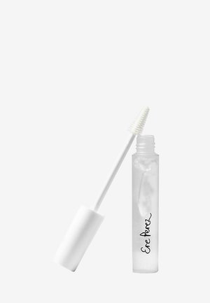 Gjennomsiktig tube med klar mascara og teksturert, hvit børste; har håndskrevet merkenavn "Eré Perez" i svart på siden.