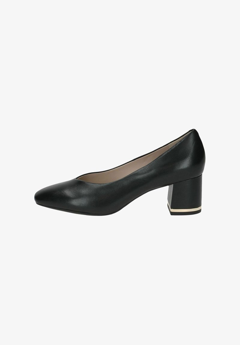 Escarpin en cuir noir à talon moyen avec bout arrondi et talon bloc, doté d'une fine bande métallique près de la base sur fond blanc.