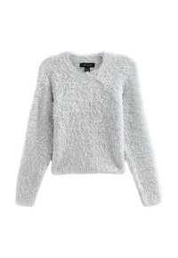 Jasnoszara, puszysta sweterek z długimi rękawami i okrągłym dekoltem. Miękka faktura, przytulny wygląd i luźny krój. Metka informuje "NOWY WYGLĄD."