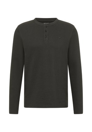Dark green long-sleeve henley shirt with three buttons at the collar and a small embroidered logo on the left chest.