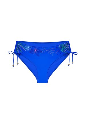 Bas de bikini bleu avec broderie florale le long de la taille et liens latéraux réglables avec petits accents de perles.