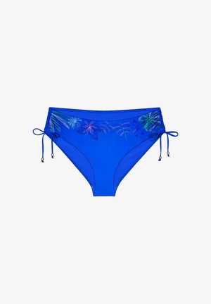 Blaue Bikinihöschen mit Blumenstickerei entlang der Taille und verstellbaren Seitenschnüren mit kleinen Perlenakzenten.